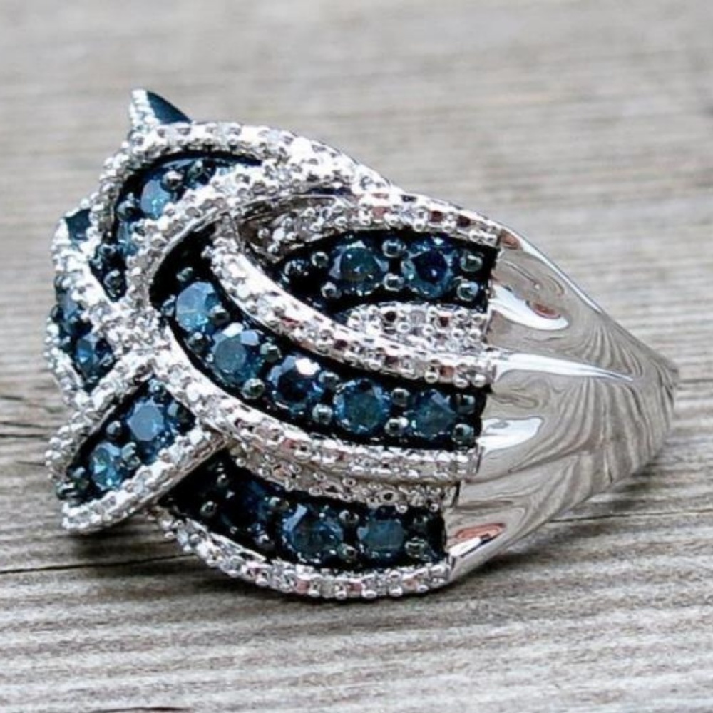 NEW Silver Blue Sapphire Braided Wide Band Wedding Ring - Picture 3 of 4